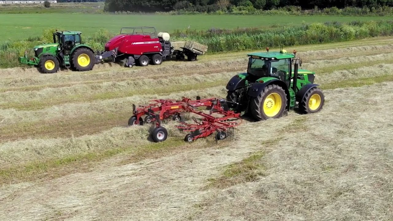 John Deere 6190R & Kuhn GA6501 Tedding + John Deere 6195R & Massey Ferguson 2160 Baling Hay