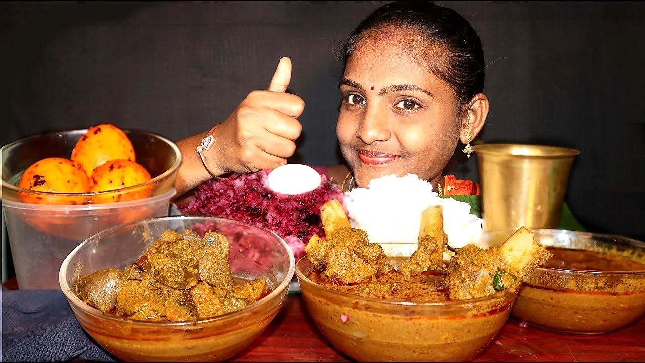 SPICY MUTTON CURRY MUKBANG 🔥 Red Rice, Egg & Mutton Bone Meat | Massive Feast