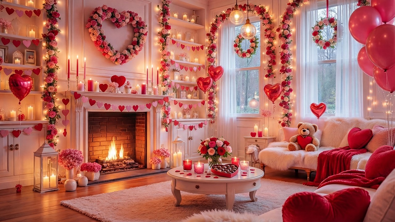 💕 Snowy Pink Valentine’s Room 💘 Cozy Valentine’s Fireplaces Music💝Warm Piano Music & Gentle Snowfall