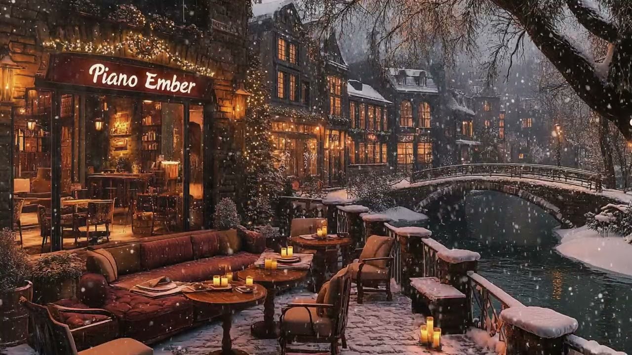 Smooth Winter Piano with Falling Snow ❄️ Cozy Coffee Shop Ambience for Relaxation & Work