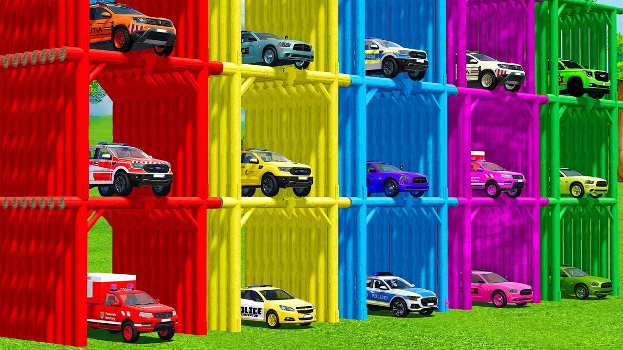 TRANSPORTING COLORED POLICE CARS, VOLKSWAGEN, DACIA & FORD WITH TRUCKS - FS22