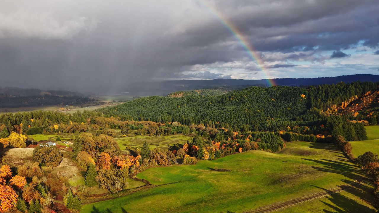 Autumn Colors: Farms, Rain, Gold Hills & a Rainbow | 4K Drone Flight