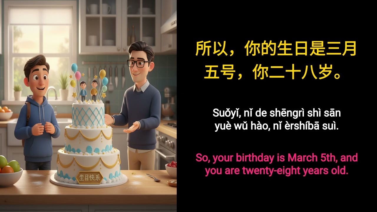 Learn Chinese (Mandarin, Simplified) with a Story: Birthdays & Food Dialogue