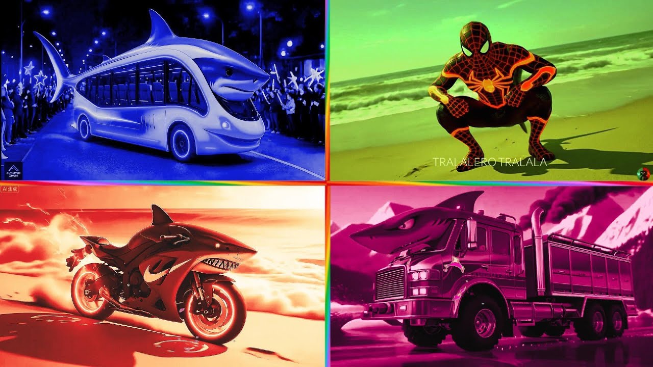 BLUE SHARK BUS 🆚 GREEN SPIDERRED SHARK BIKE 🆚PURPLE SHARK TRUCK INSANE BRAINROT | Tiles Hop EDM