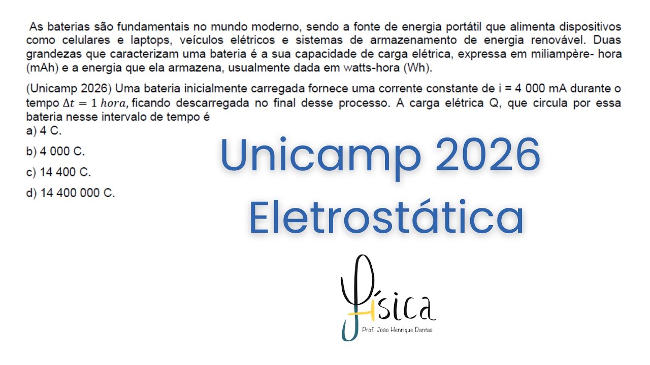 Unicamp 2026 - Questão 60 - Uma bateria inicialmente carregada fornece uma corrente constante de i