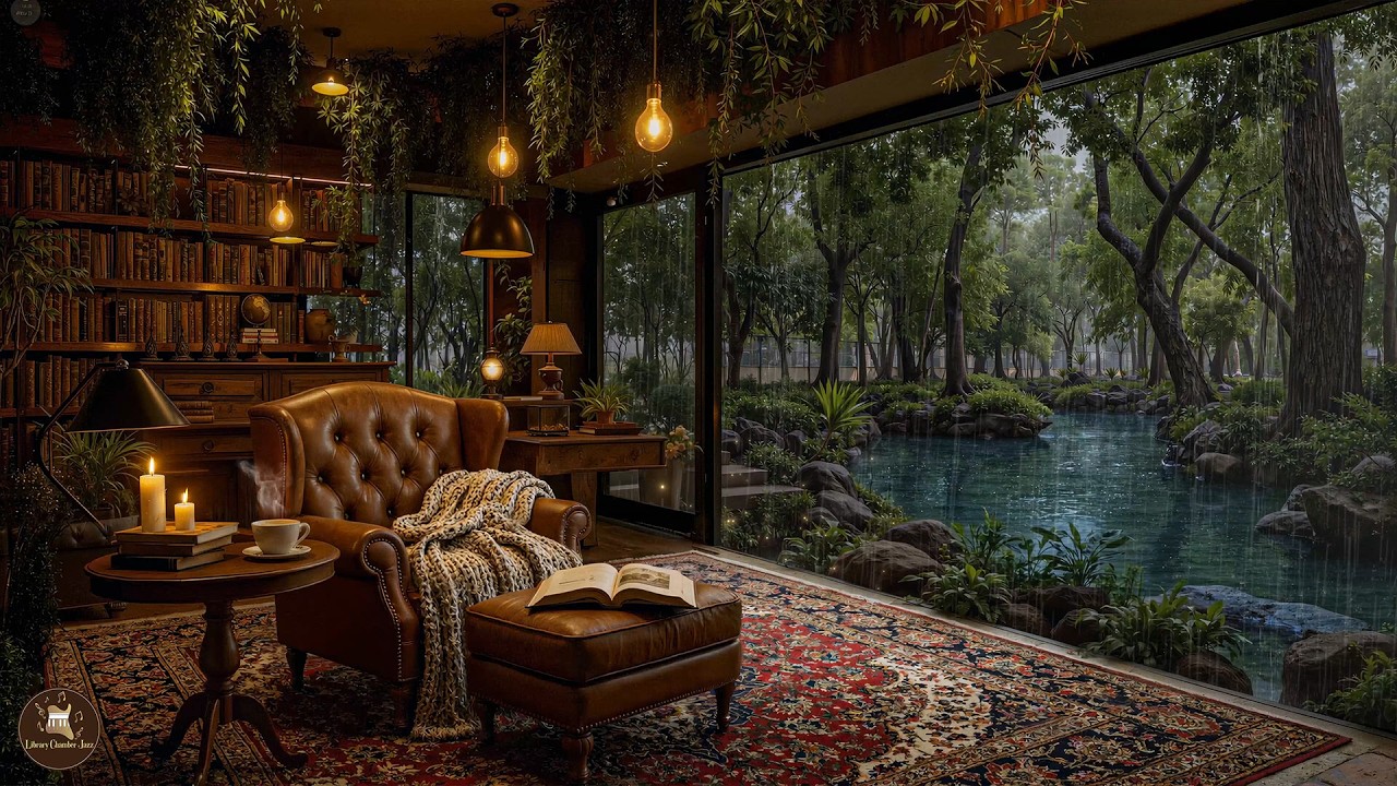Calm Jazz in a Cozy Wooden Library with Rain Ambience – Gentle Jazz for Evening Focus & Relax
