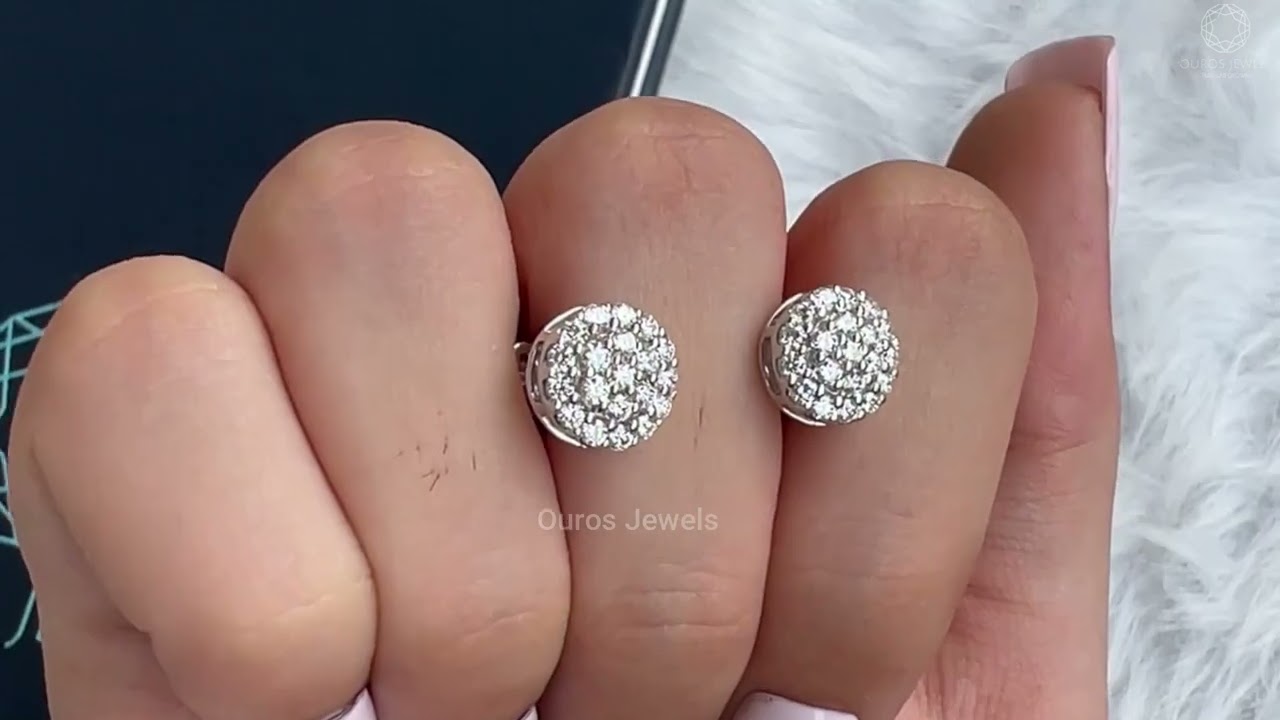 Pave Set Round Diamond Halo Stud Earrings @ourosjewels