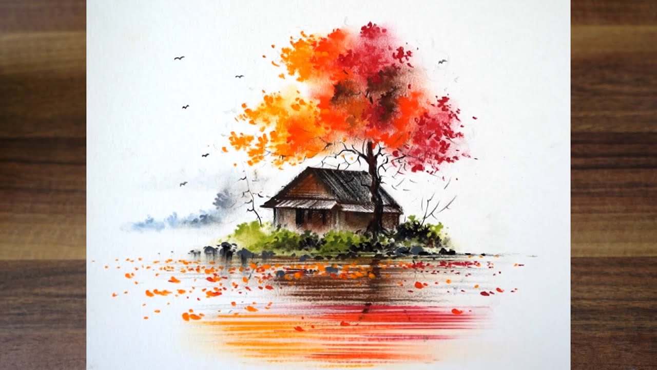 Scenery drawing oil pastel // step by step tutorial for beginner