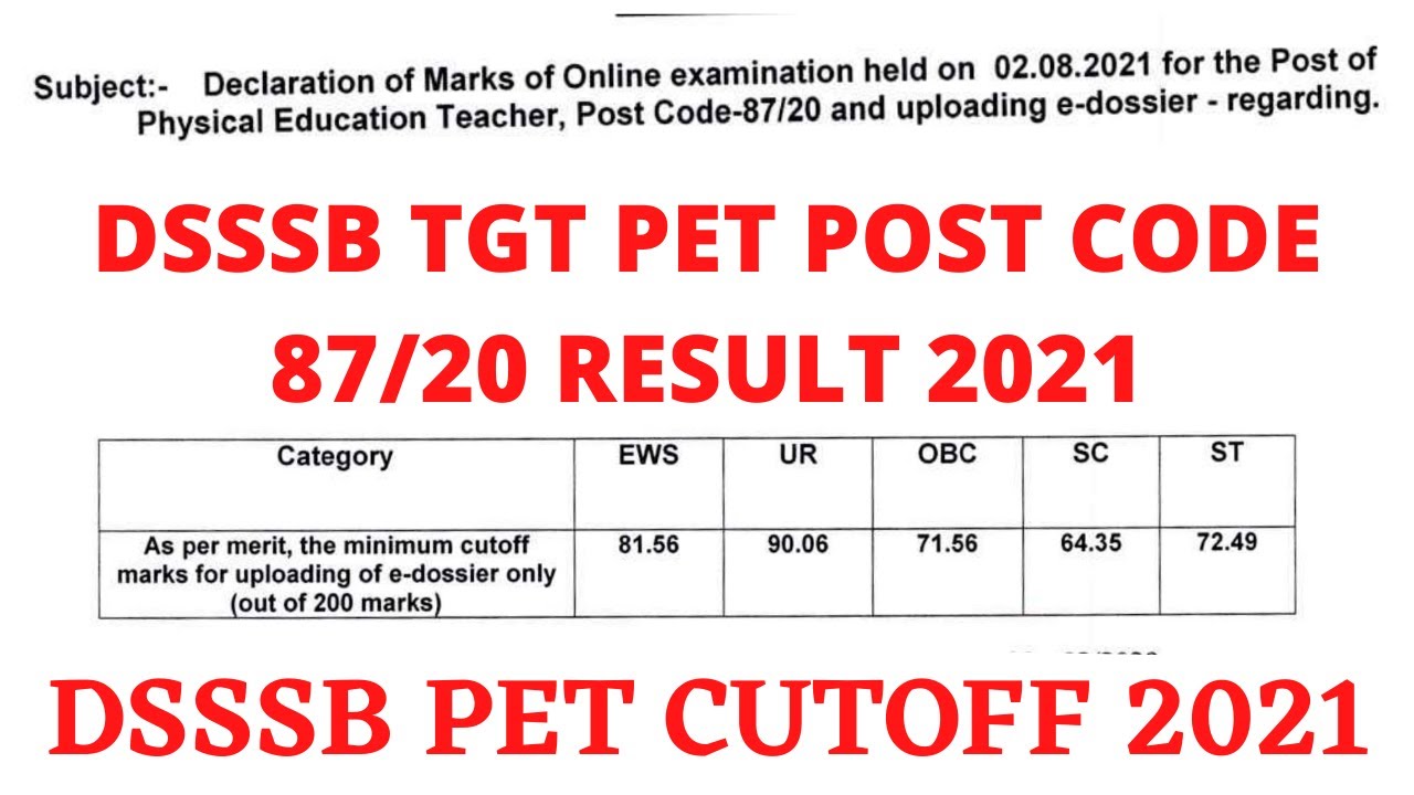 DSSSB TGT PET POST CODE 87/20  RESULT 2021 || DSSSB TGT PET CUTOFF 2021 || DSSSB PET RESULT 2021