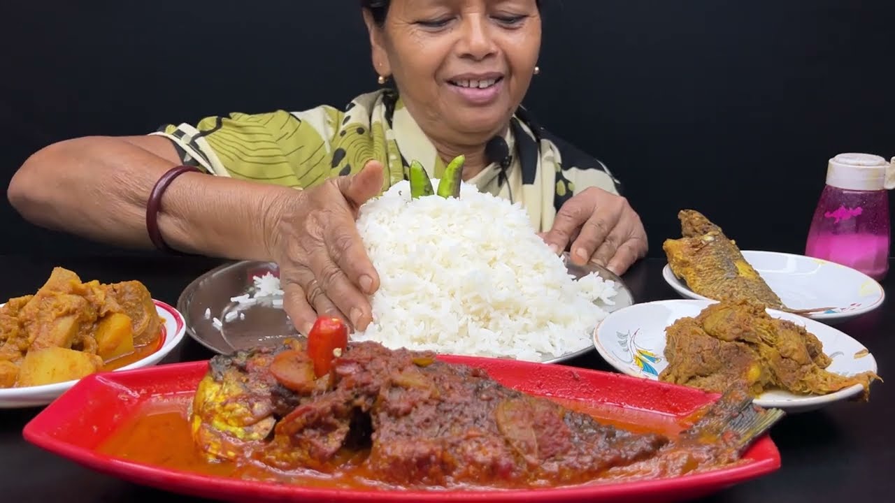 BIGBITES, EATING RICE WITH ECHOR CHINGRI, BIG KATLA FISH CURRY।।