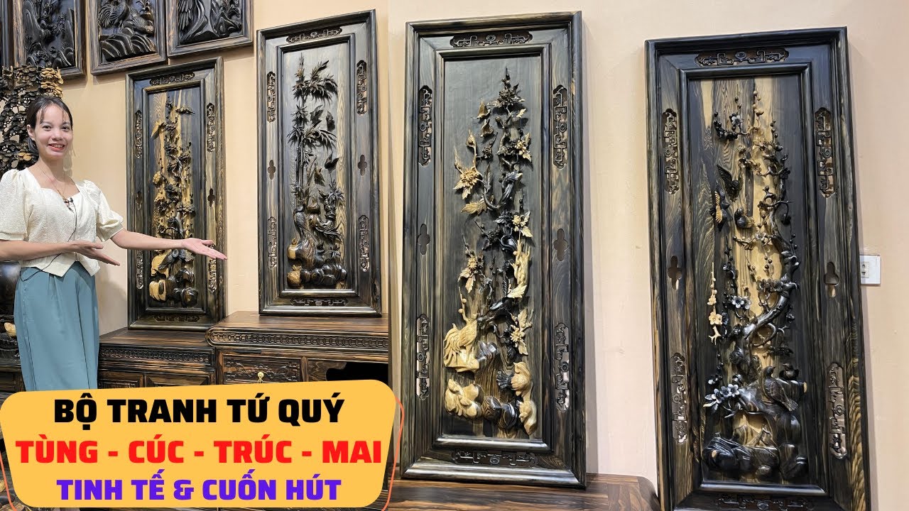 Bộ tranh Tứ Quý gỗ Mun hoa cao cấp | Đục tay kênh bong | Sang và cuốn hút Đồ gỗ cao cấp Vương Thao
