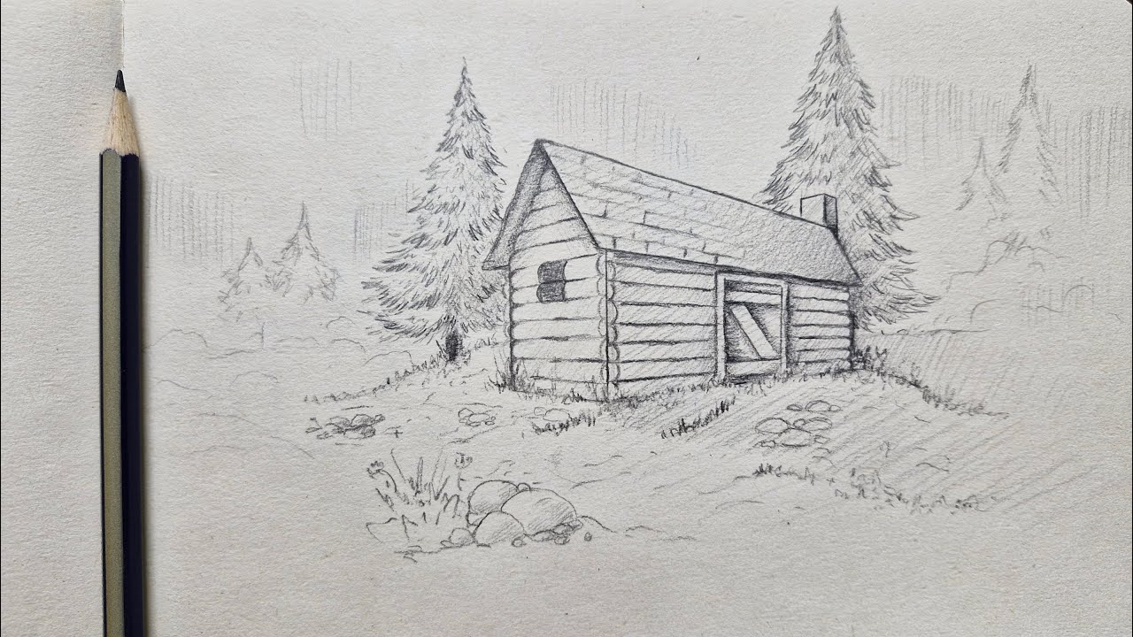 Creating a Wooden Hut in Two Point Perspective | a Guid to Draw a Mountain Landscape | Part 2