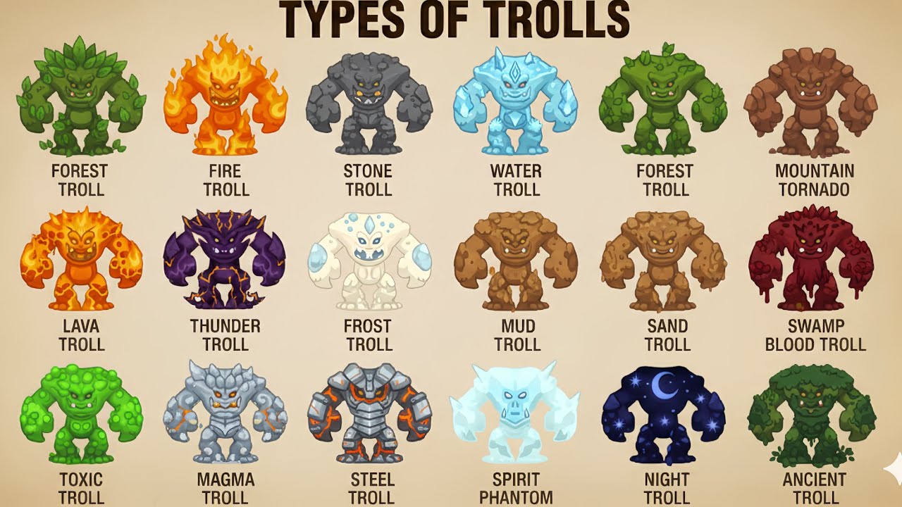 Types of Trolls Poster – All Elemental Trolls Names | Fire, Stone, Water, Lava, Thunder, Frost&more 