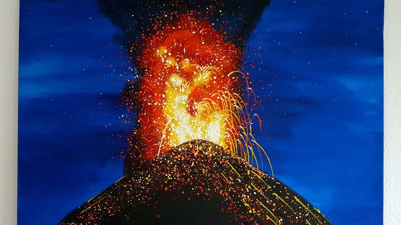 Vulkan Malen Acryl mit Schwamm Spritztechnik - Volcano Acrylic Painting with Sponge Spray Technique