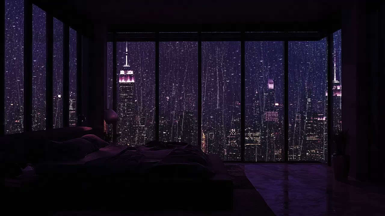Rain Falling Over the City Skyline 🌧️ Calm Dark Room Ambience for Deep Sleep