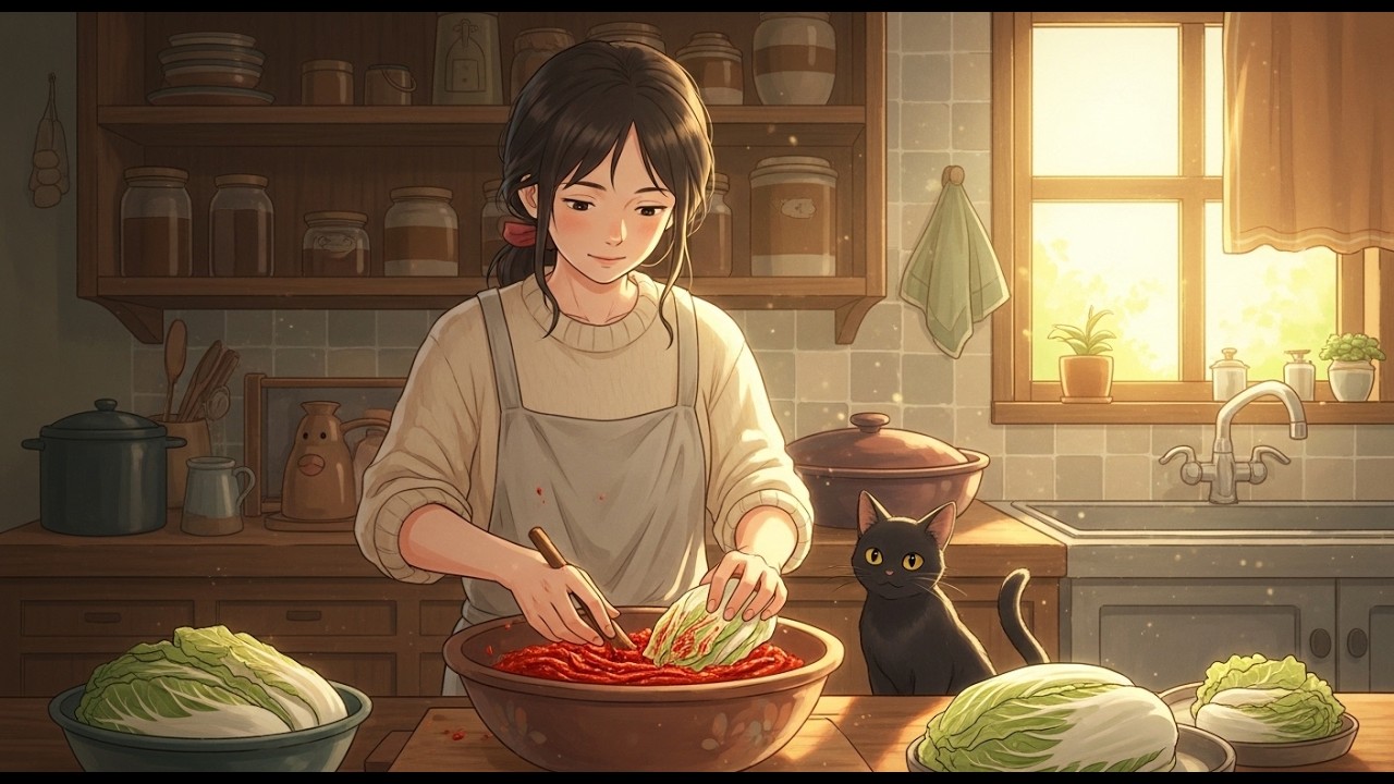A Slow Kimchi Day in a Quiet Home | A Gentle Young Woman & Her Cat Cooking  🥬🍲 Silent Ghibli Days