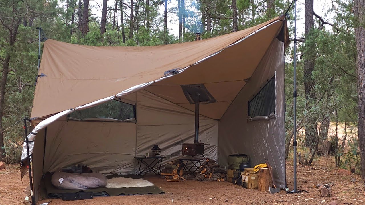 Solo Hot Tent Camping with My Dog . Wood Stove ASMR