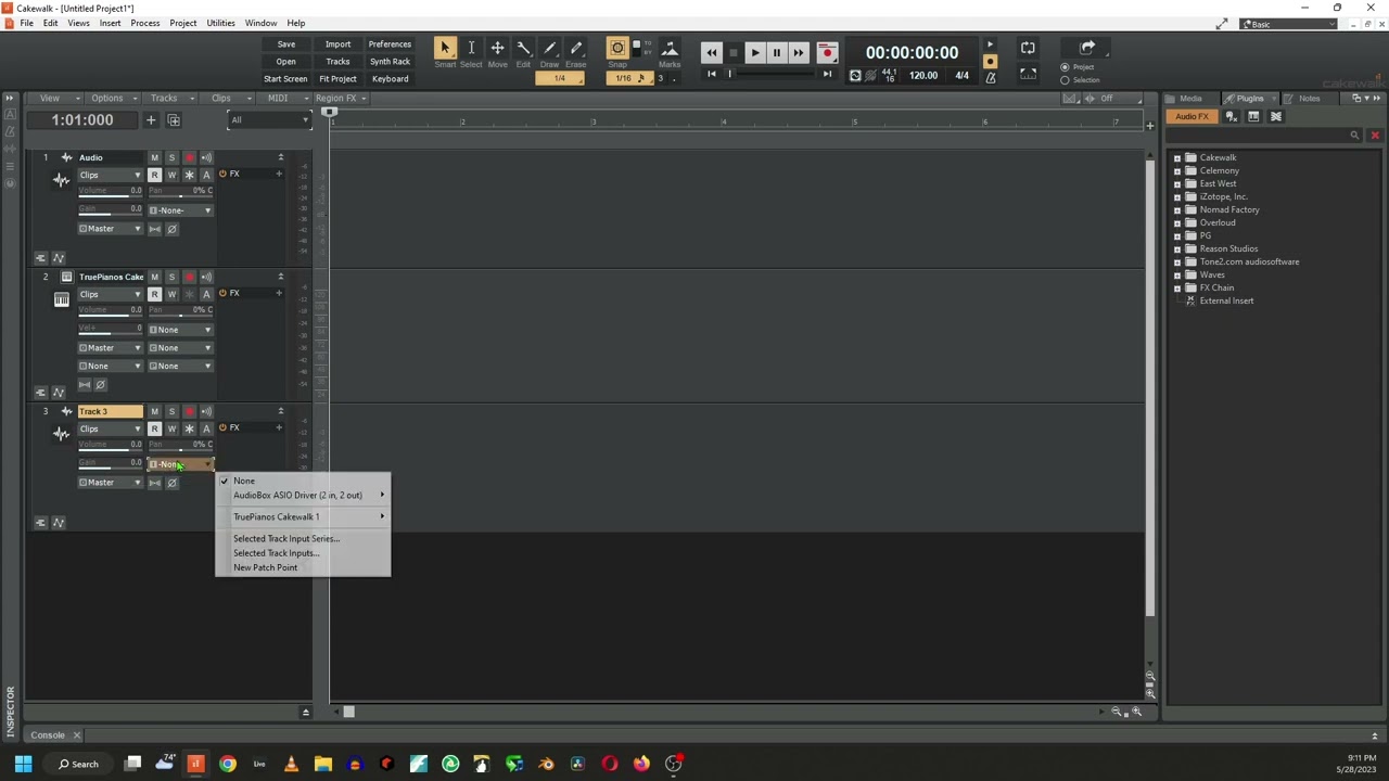 Cakewalk: setting input to mono or stereo.