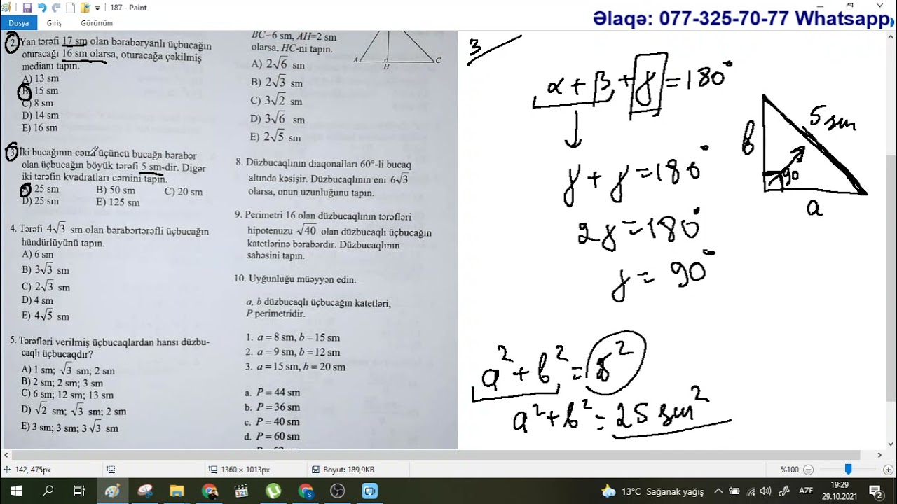 DİM 8 ci sinif.  Səhifə 187.  Pifaqor teoremi.  C variantı