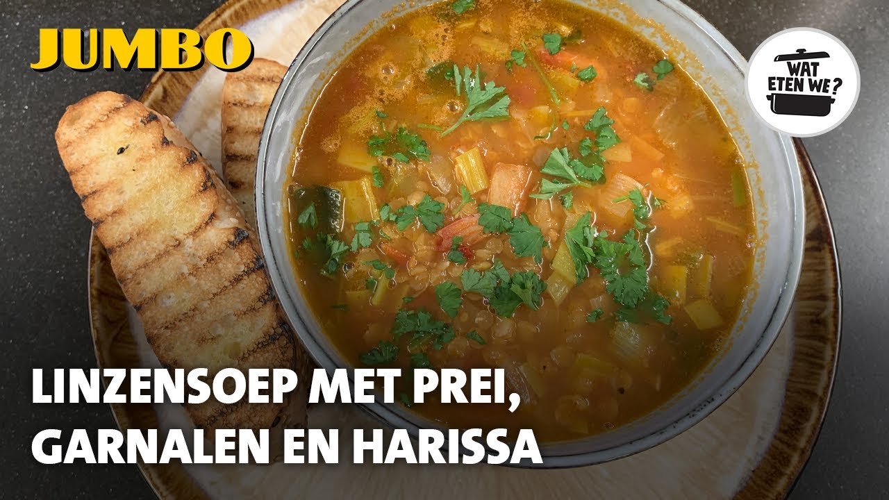 Wat eten we? Linzensoep met prei, garnalen en harissa