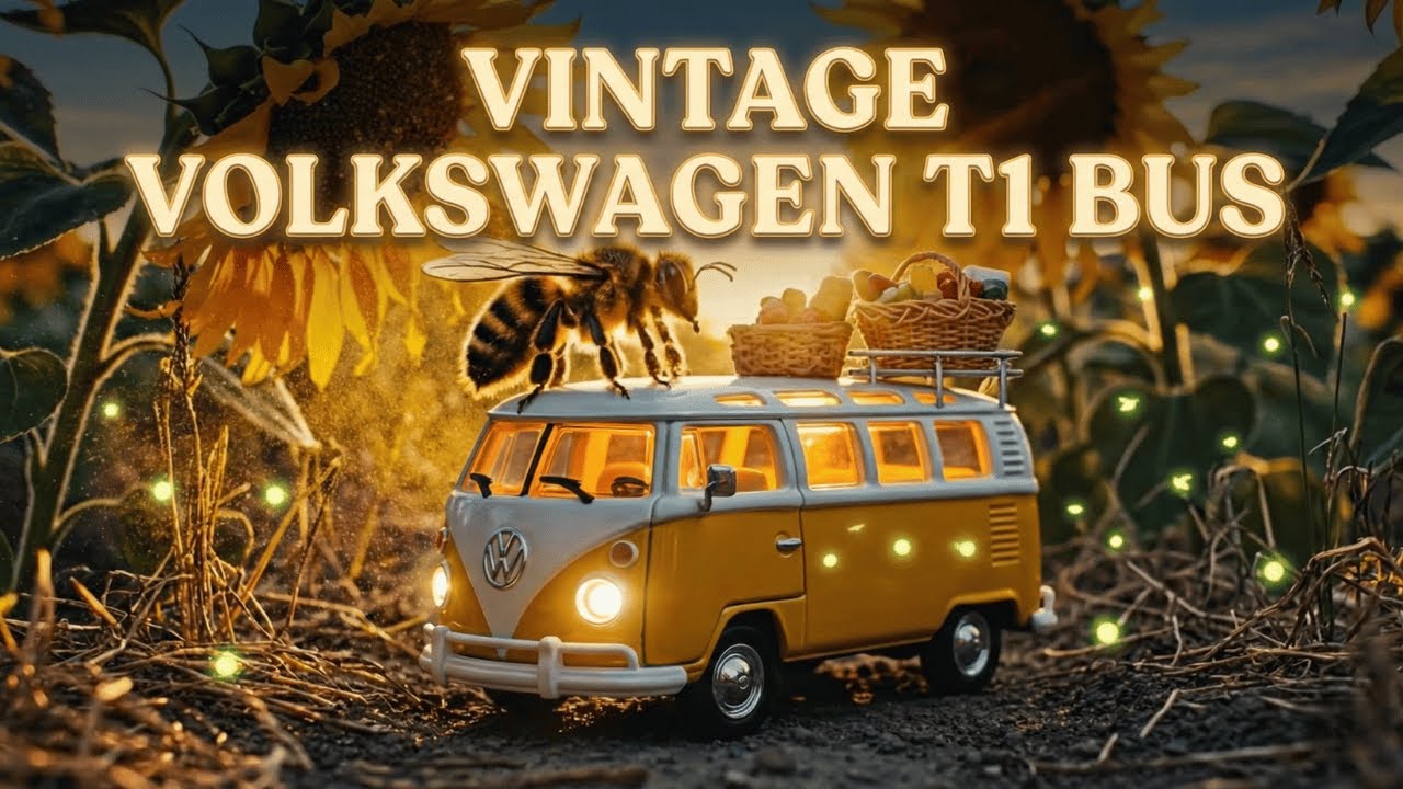 Vintage Volkswagen T1 Bus: Solo Camping in Giant Sunflower Field - Macro 4K