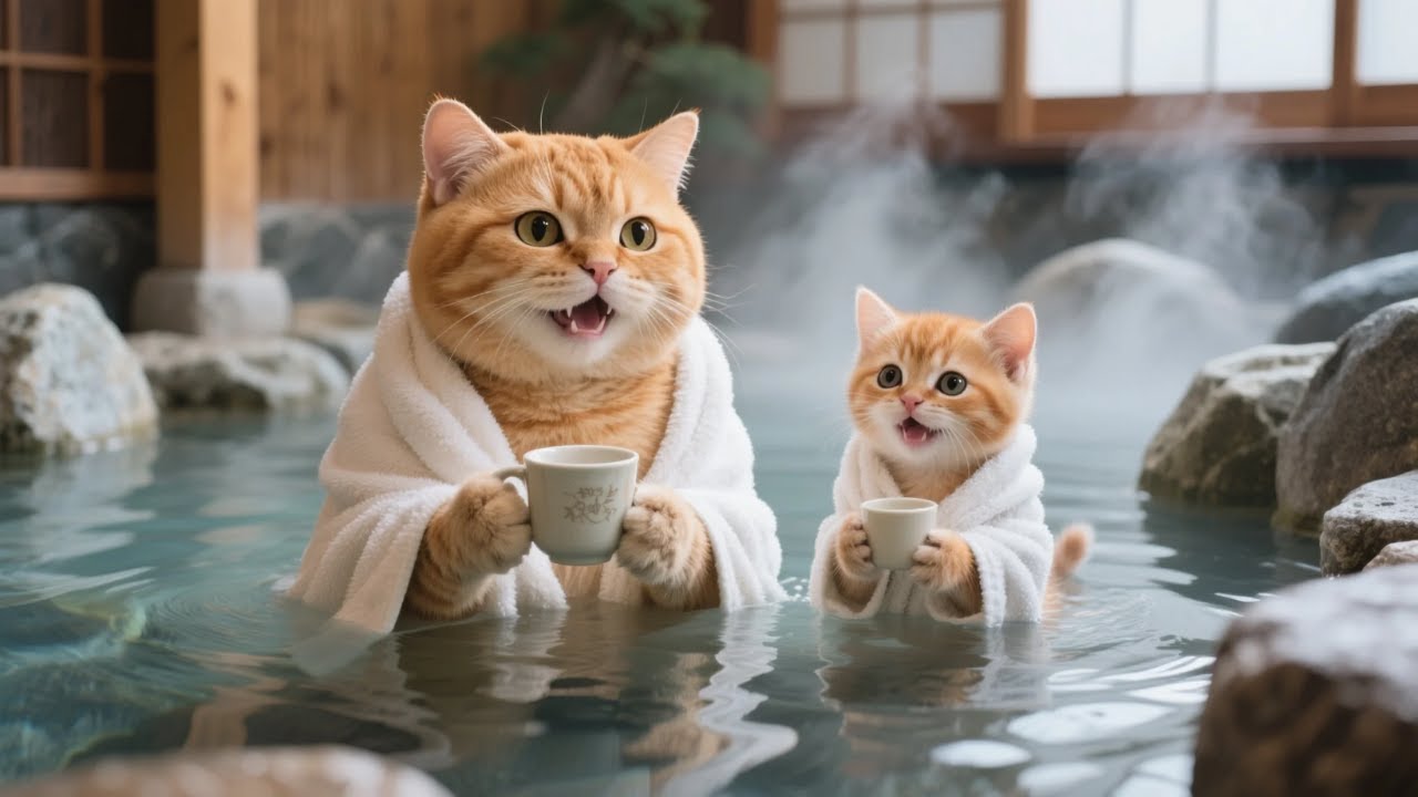 Cold Winter! Ginger Kitten Invites Mama Cat to Relax in the Hot Spring ❄️😻♨️