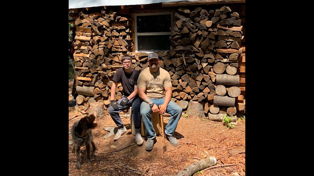 Sauna layout, forest kitchen floor, stacking firewood - 4th of July at the off grid cabin