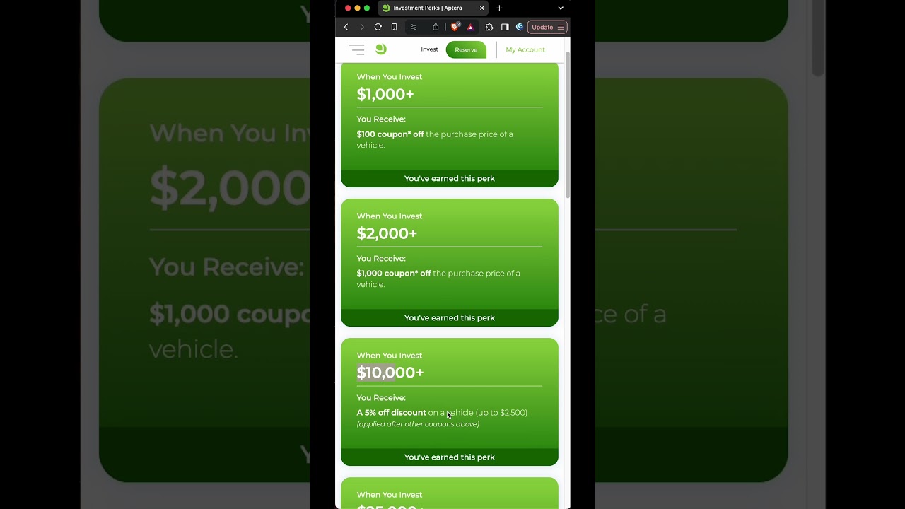 Aptera Investment Perks - New Section on My Account