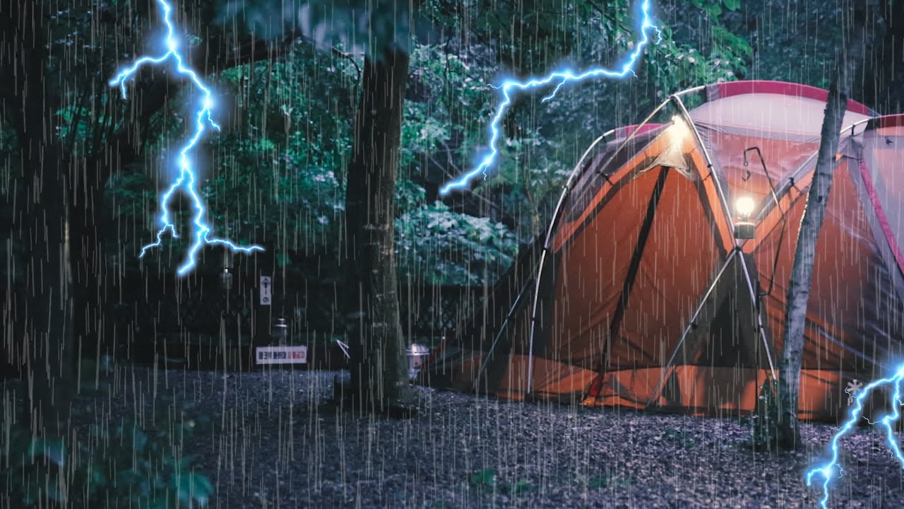 Camping with heavy rain, lightning, and thunder