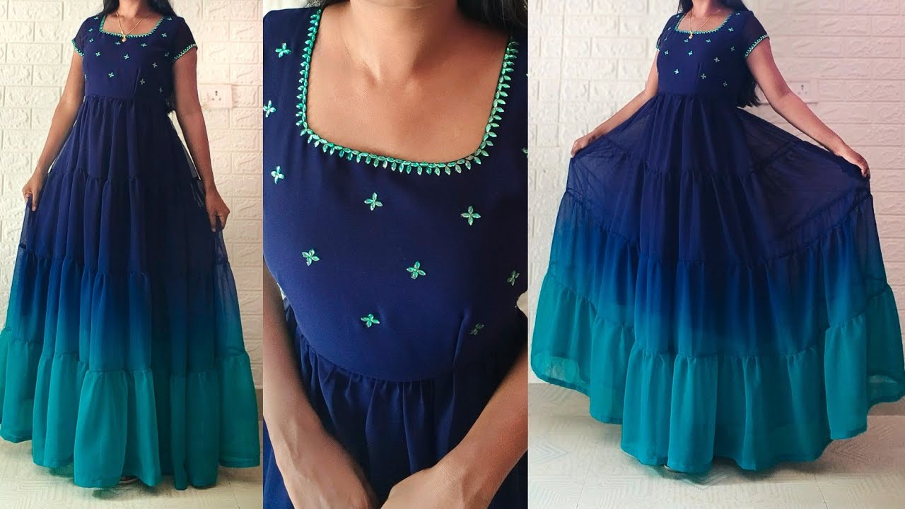 Layered Frills Dress Cutting and Stitching Tutorial | Kundan neck design | Gathering frills frock