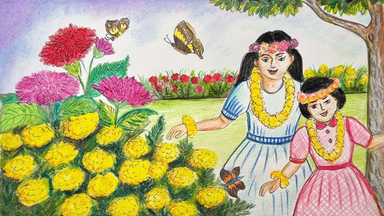 How to draw spring season scenery step by step easy ॥বসন্তকালের দৃশ্য আঁকা ॥Farzana’s Art class
