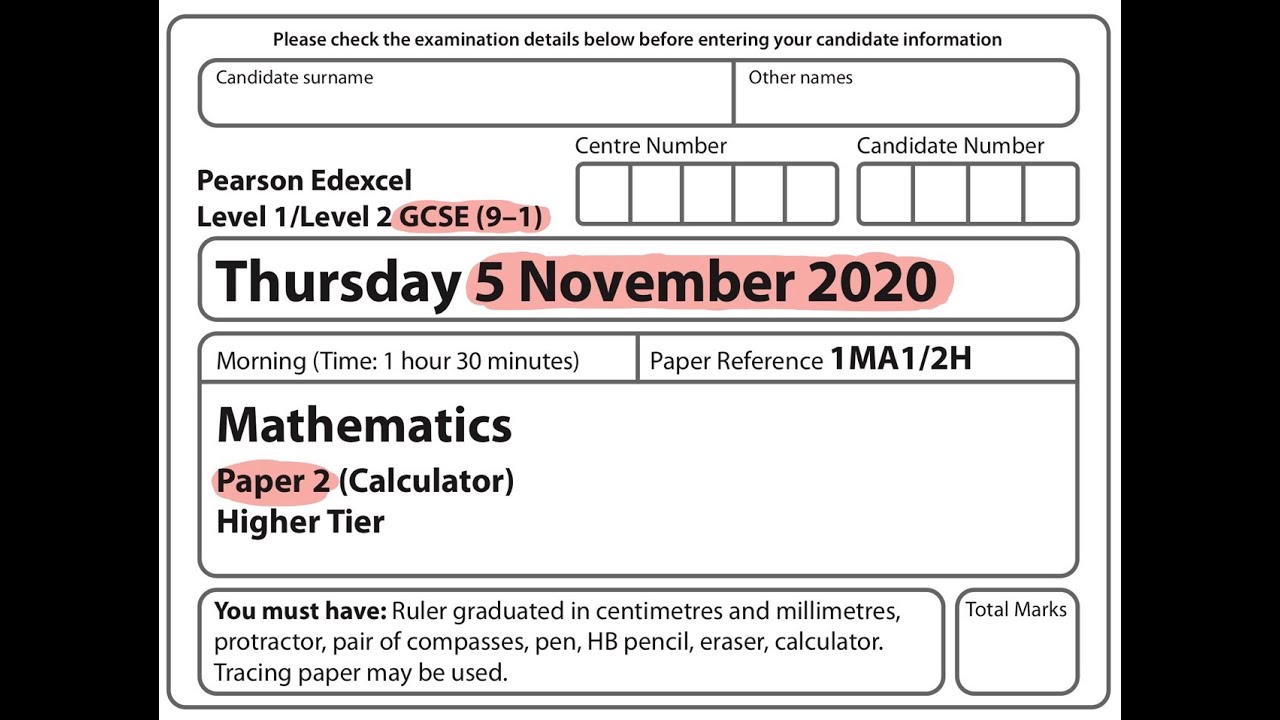 GCSE Mathematics November 2020 - Paper 2H (Calculator)