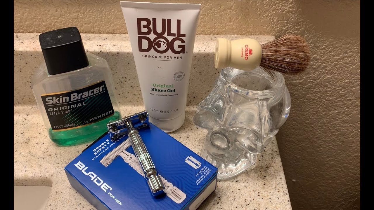 Supermarket Shave-CVS Razor & Blade, Cremo Brush, Bulldog Shave Gel, Mennen Skin Bracer.