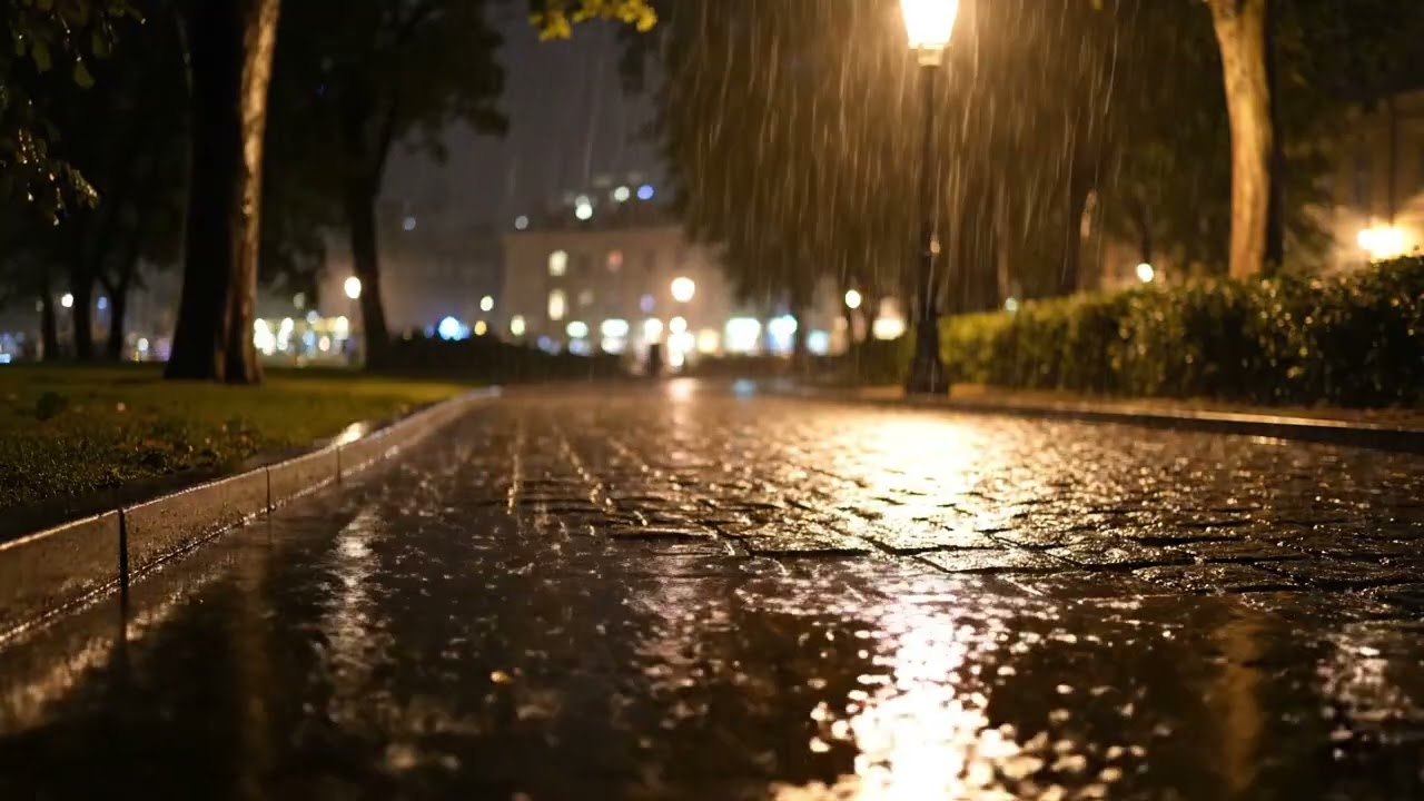 City Park Streetlamp Rain Ambience — Steady Rain + Distant City Hush (10 Hours)