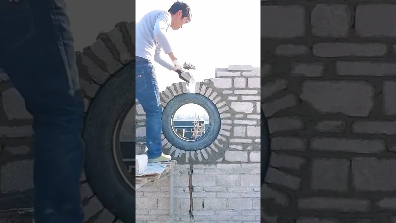 Round Windows are walled with tires- Good tools and machinery make work easy