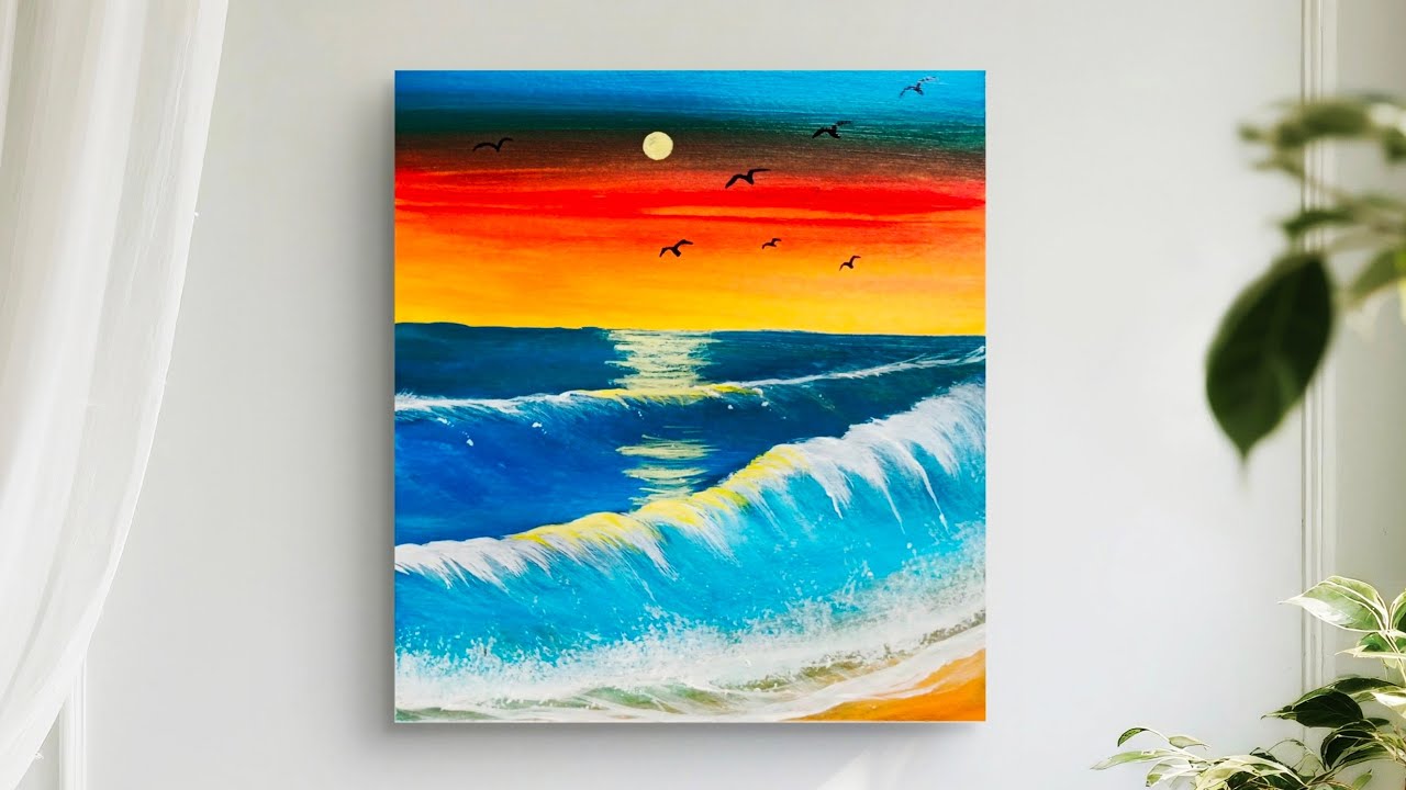 How to Paint a Beach Sunset / Sunset Scenary Painting / Acrylic Painting Tutorial for Beginners 