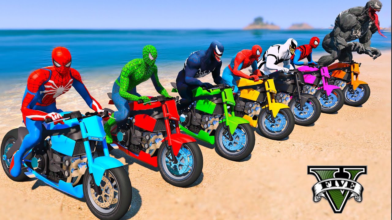 TEAM SPIDERMAN vs VENOM TEAM MOTORBIKES RACE Challenge on SKY MEGA RAMP, SPIDERMAN vs VENOM - GTA 5