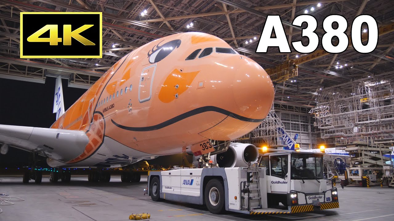 [4K] 巨大旅客機の前輪を持ち上げて動かすトーイングトラクター / ANA Airbus A380-841 [JA383A]