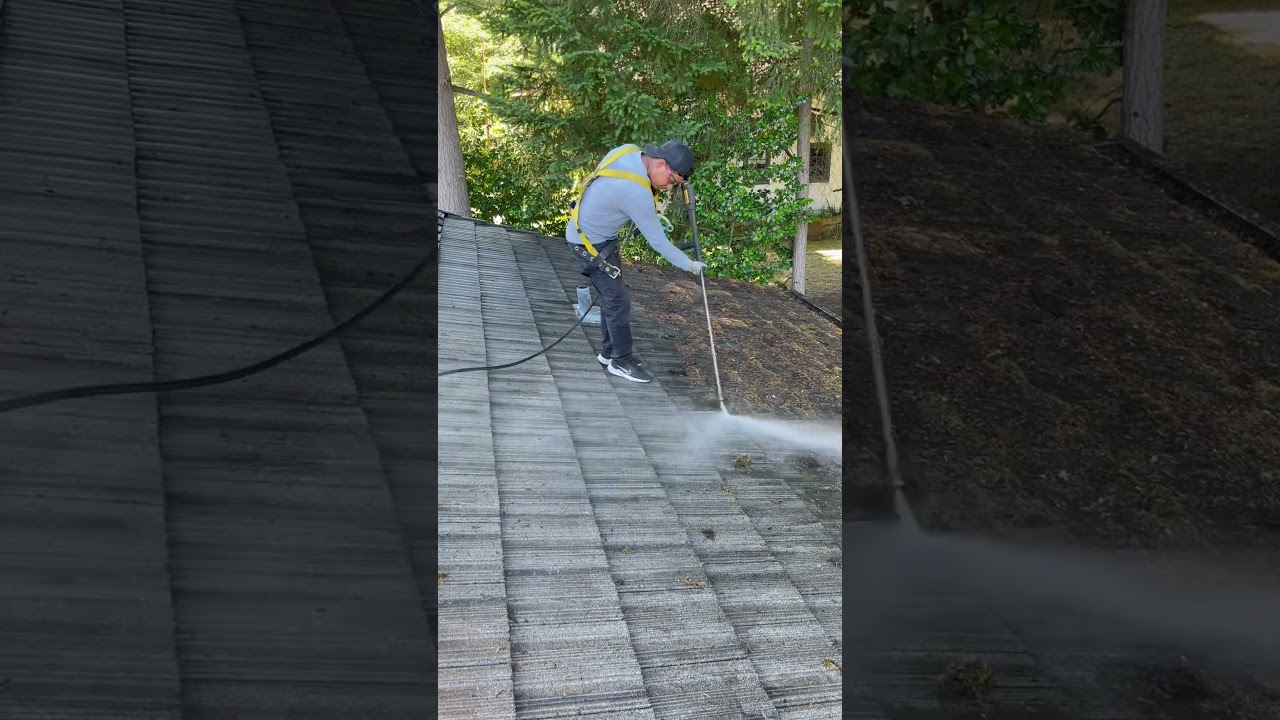 Pressure washing roof #roofing #pressurewashing #fyp #rooftiles #asmr