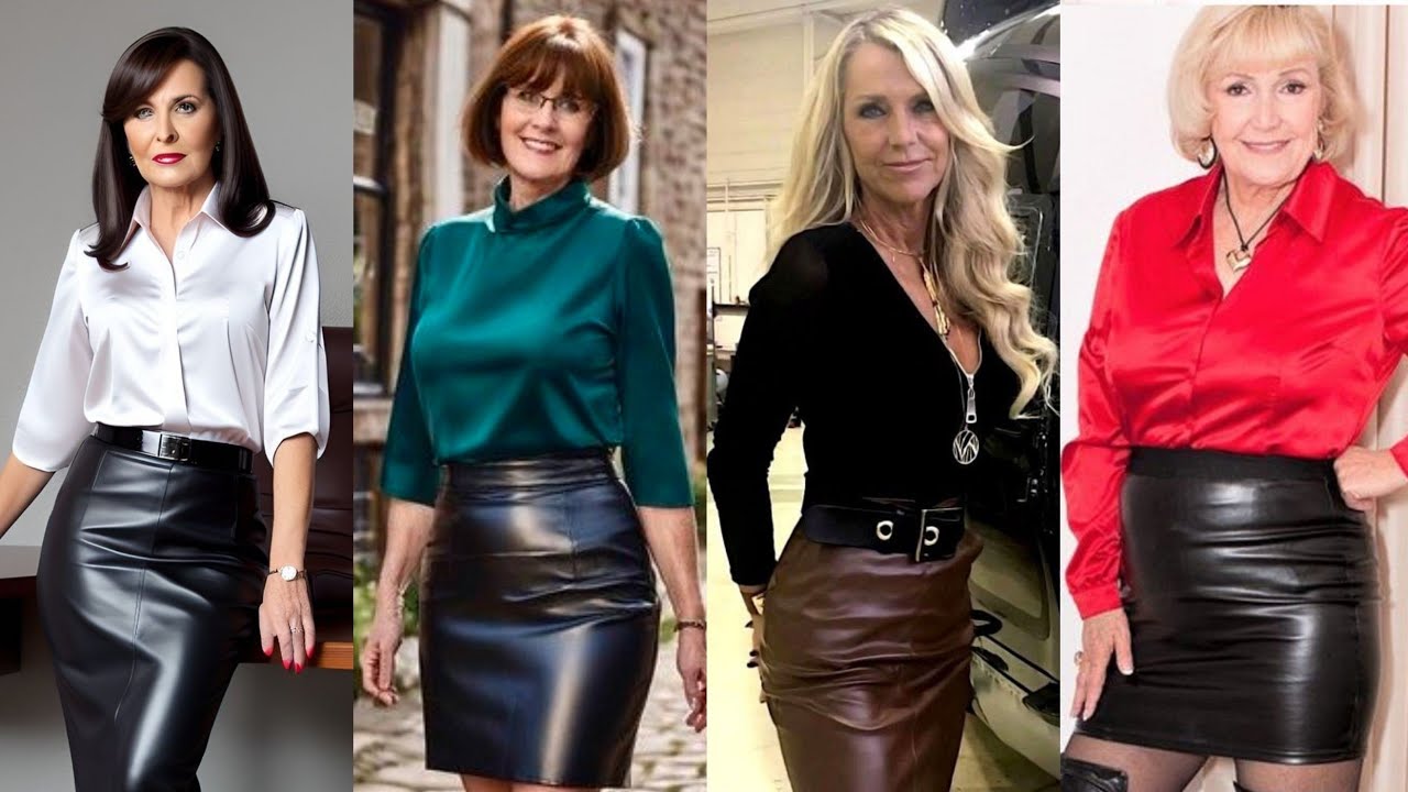 Trendiest Natural Older Women Over 50/with elegant Leather Skirt and Tops #leatherwear #latex
