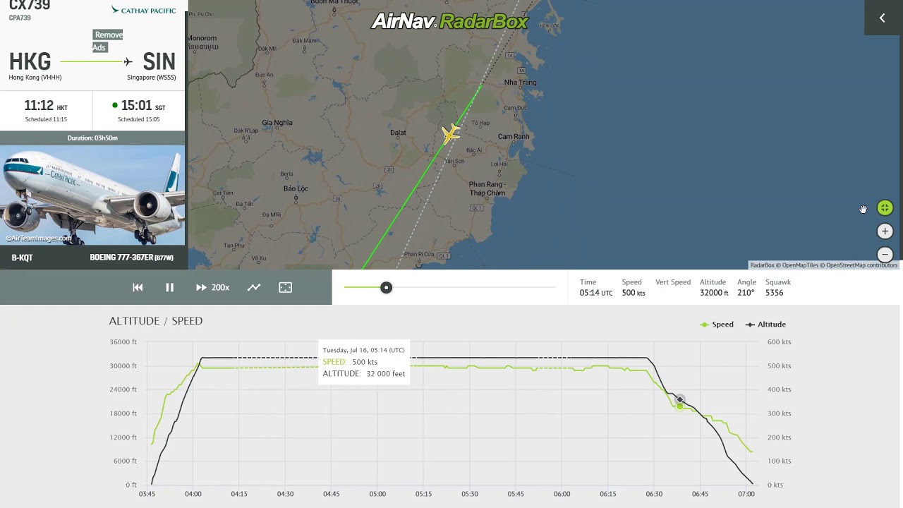 Playback Of One World Flyer's Flight CX739 Hong Kong to Singapore July 16th 2019