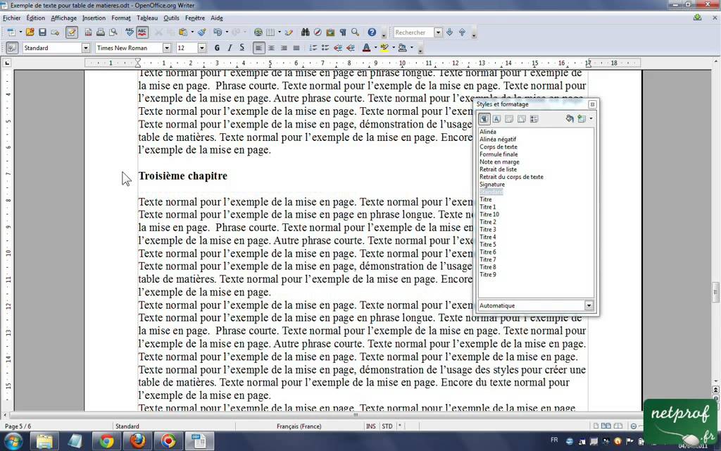 Open Office Writer Table de matières