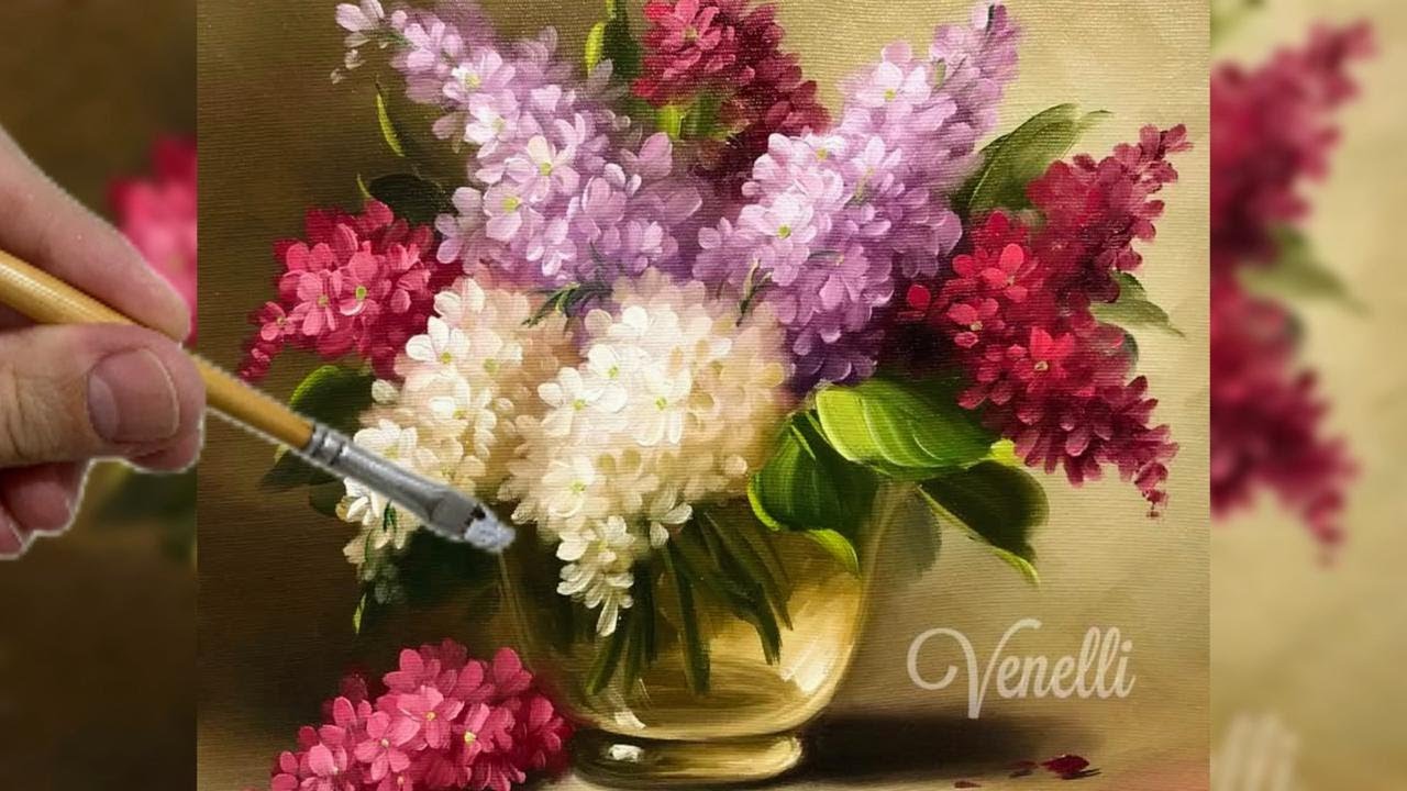 ЦВЕТОК СИРЕНИ / ПОШАГОВАЯ КРАСКА / ПРОЗРАЧНАЯ ВАЗА