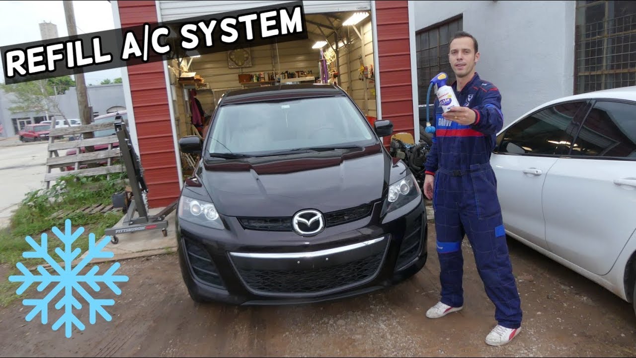 HOW TO RECHARGE AC AIR CONDITIONER ON MAZDA CX-7 CX7. AC BLOWS HOT FIX