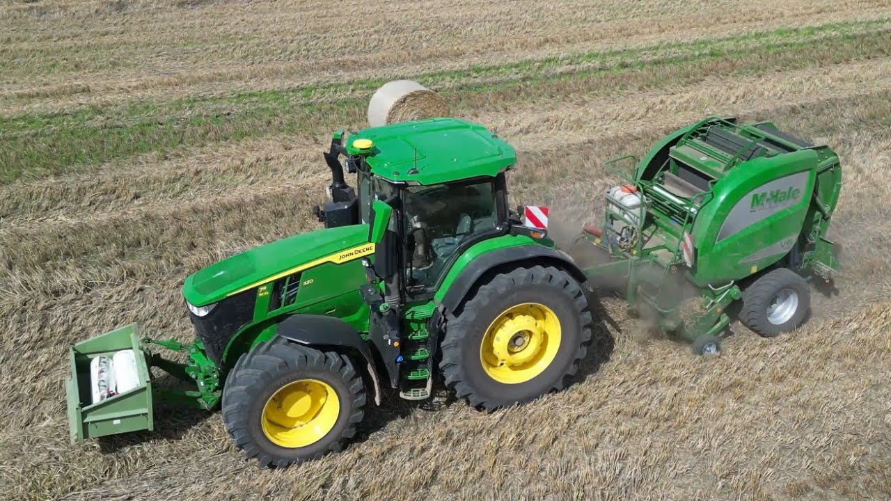 JOHN DEERE 7R 330 mit McHale V6 750 Rundballenpresse / Strohballen pressen / 4K