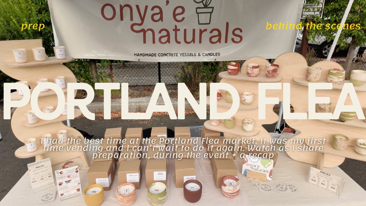 Portland Flea, packaging candles, selling my handmade concrete candles, shopping bags, and chatting