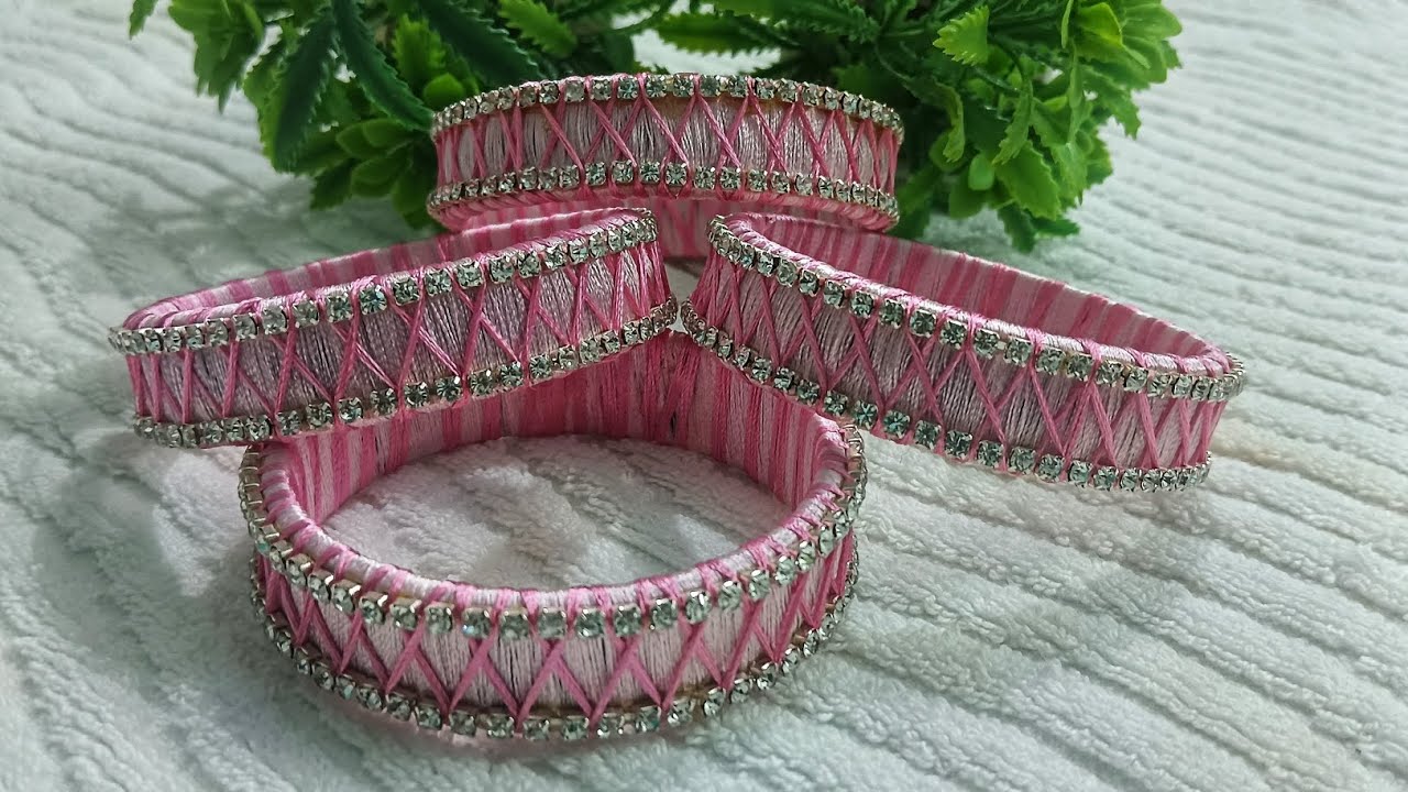 Silk Thread Bangles Zigzag pattern With Rhinestone Chain 🌷🌸🩷#treanding #handmade #diy #latest #new