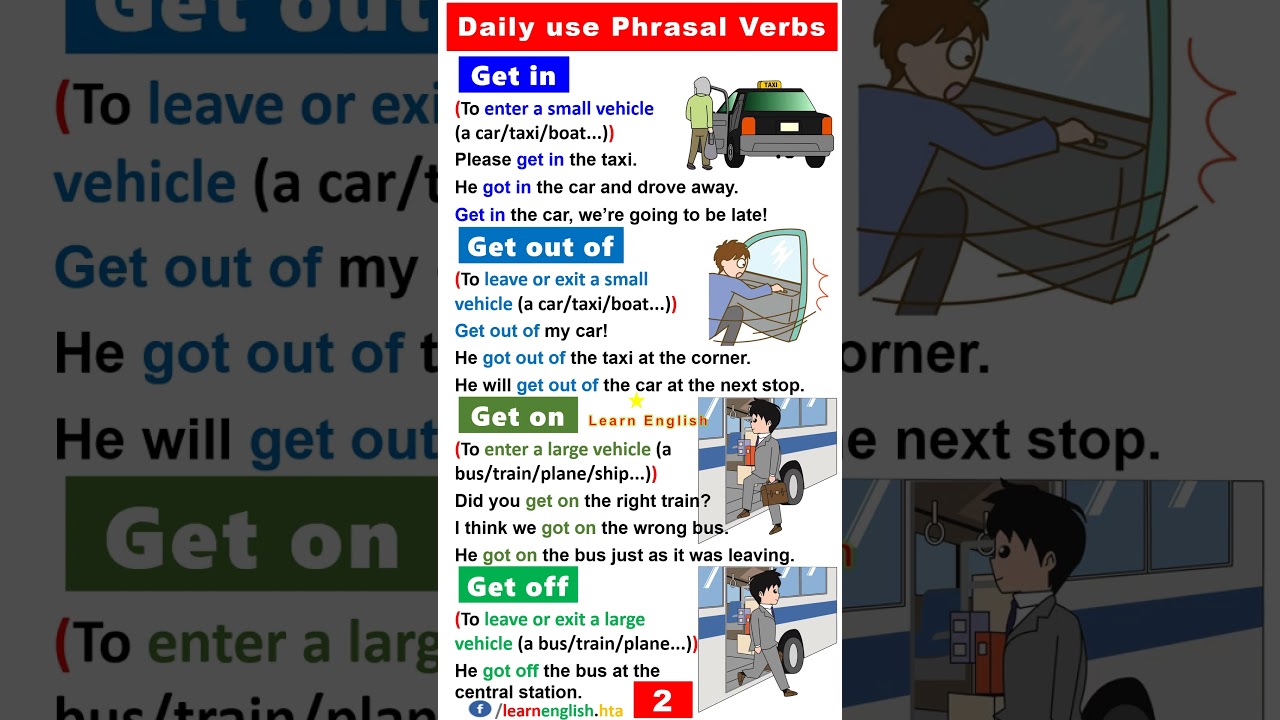Daily use Phrasal Verbs in English 2 - Get in, Get out of, Get on, Get off