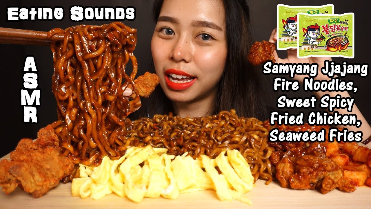 ASMR Samyang Jjajang Fire Noodles + Fried Chicken | Chewy Crunchy Eating Sounds | No Talking
