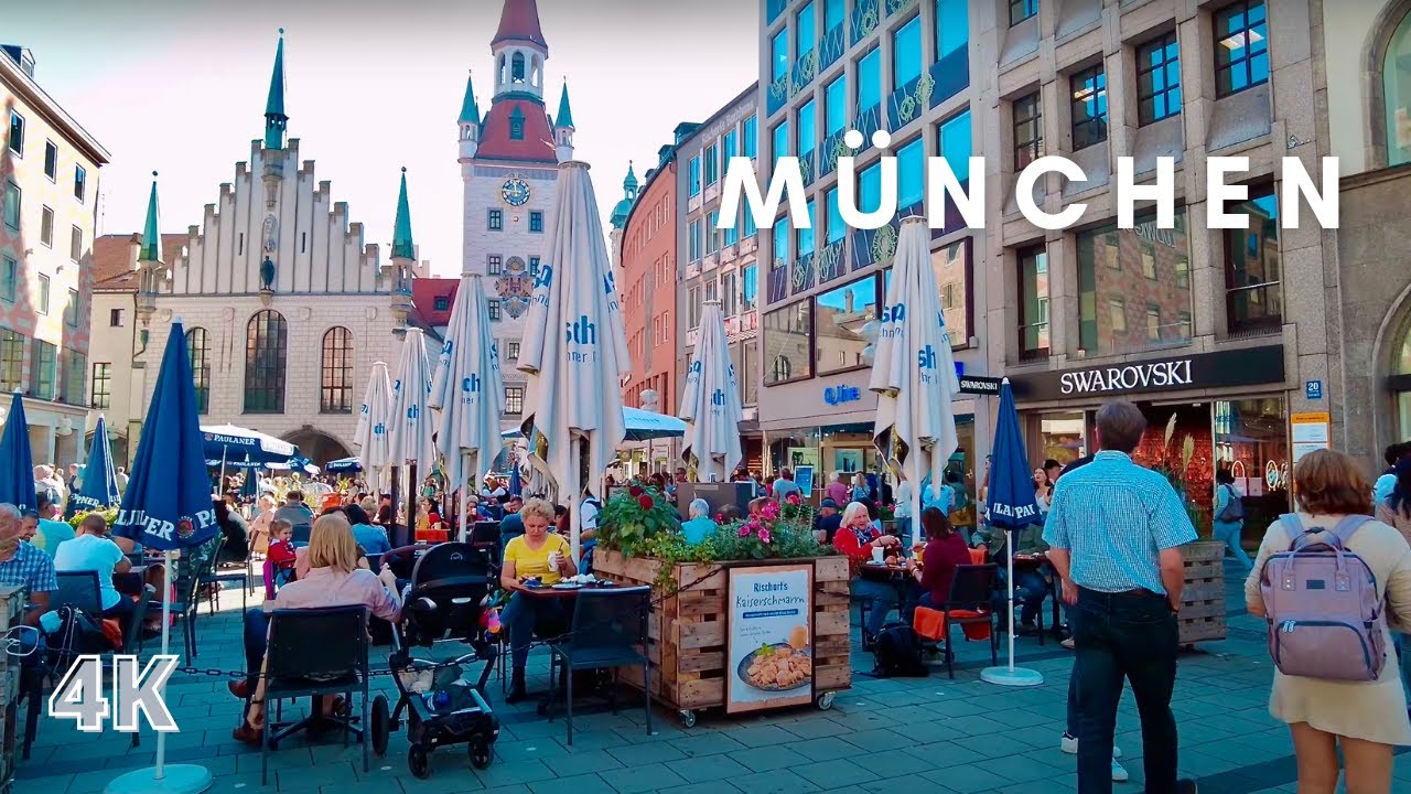 Munich Walking Tour, Walking through the vibrant Marienplatz, 4K